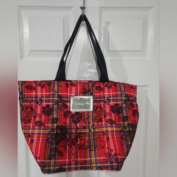 Betsey Johnson Handbags - Betsey Johnson Betseyville Pink Graphic Plaid and Floral Print Tote Bag